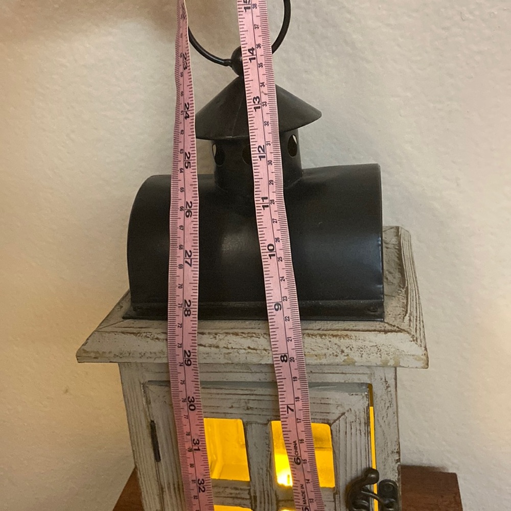 Vintage Wood & Metal & Glass Farmhouse Beach Style Lantern w LED Candle - Picture 4 of 12